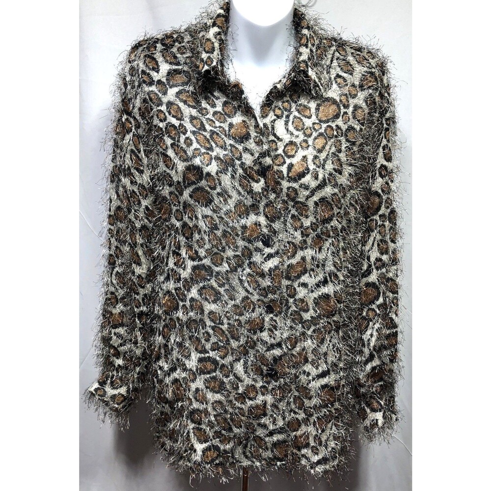 Vintage Selene top S ivory brown leopard fuzzy eyelash long sleeve Glam 90s
